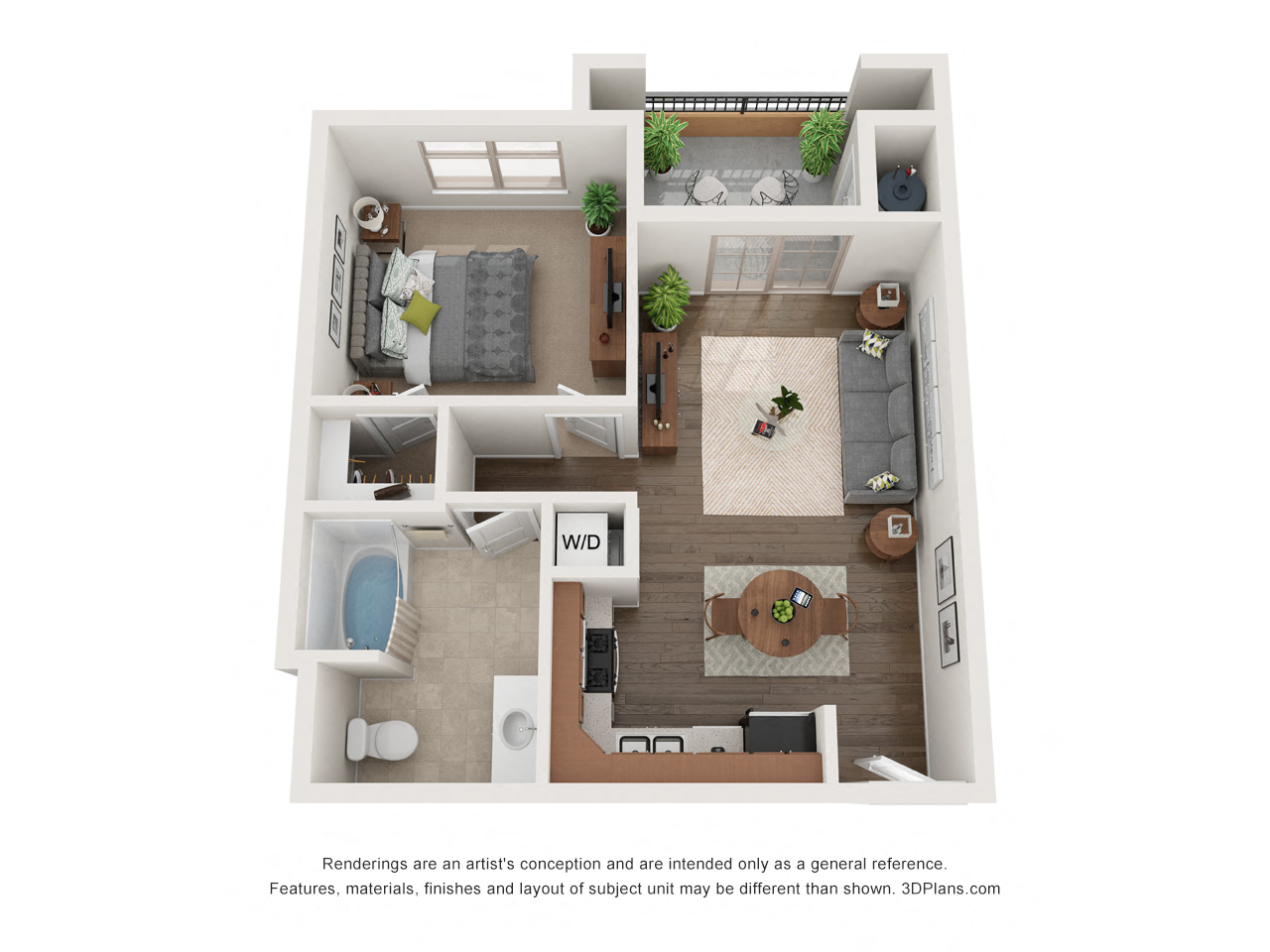 Floor plan for 1 bed, 1 bath, 613 sqft